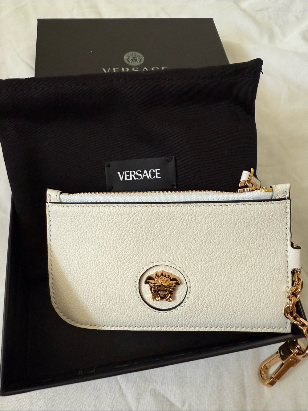 Versace Cream Leather Mini Wallet with Gold Medusa Detail